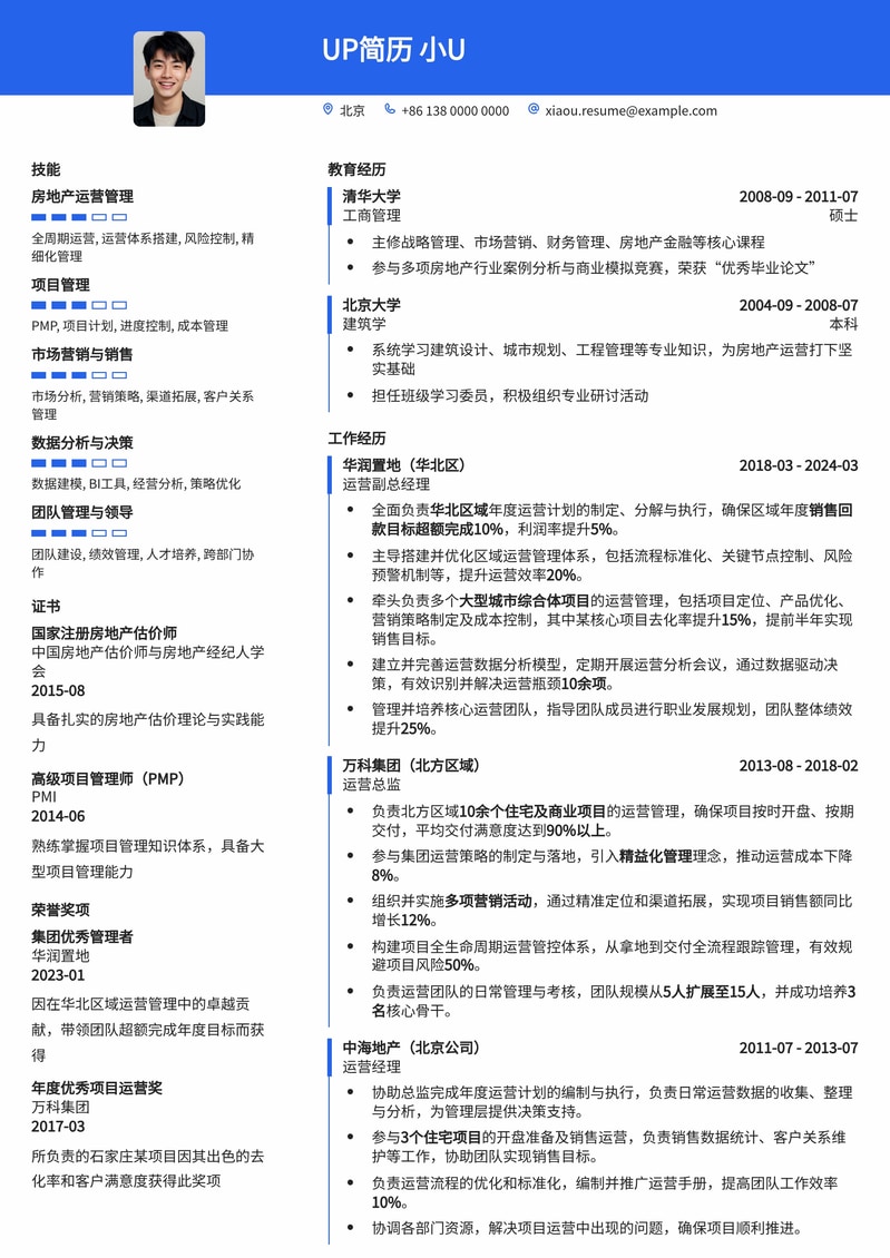 【高管力荐】房地产运营副总精英简历模板，助您晋升核心管理层简历模板预览