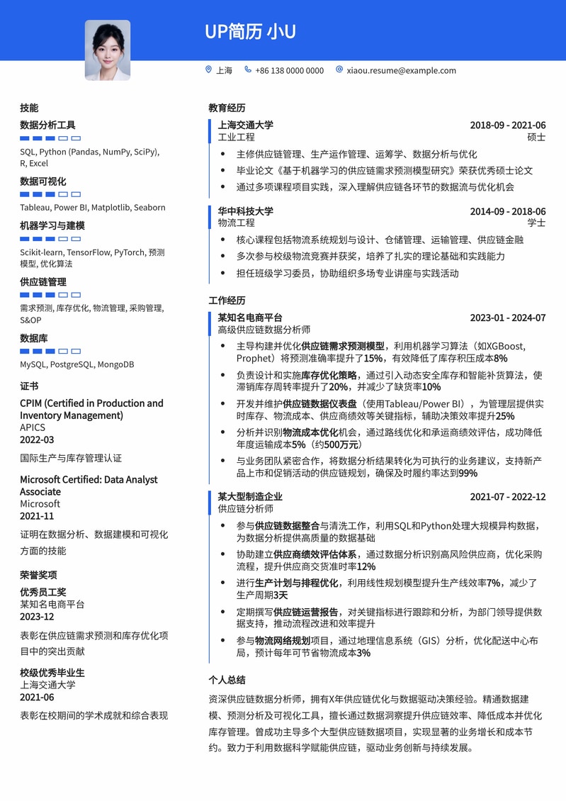 供应链数据分析师专业简历模板：优化物流，提升效率