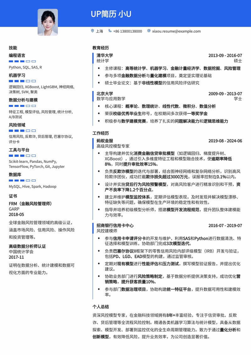 金融风控模型专家简历模板:精准展现数据分析与风险管理能力简历模板预览