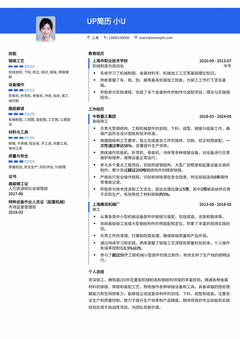 专业铆工简历模板：助您在制造业脱颖而出，获得理想职位！简历模板预览