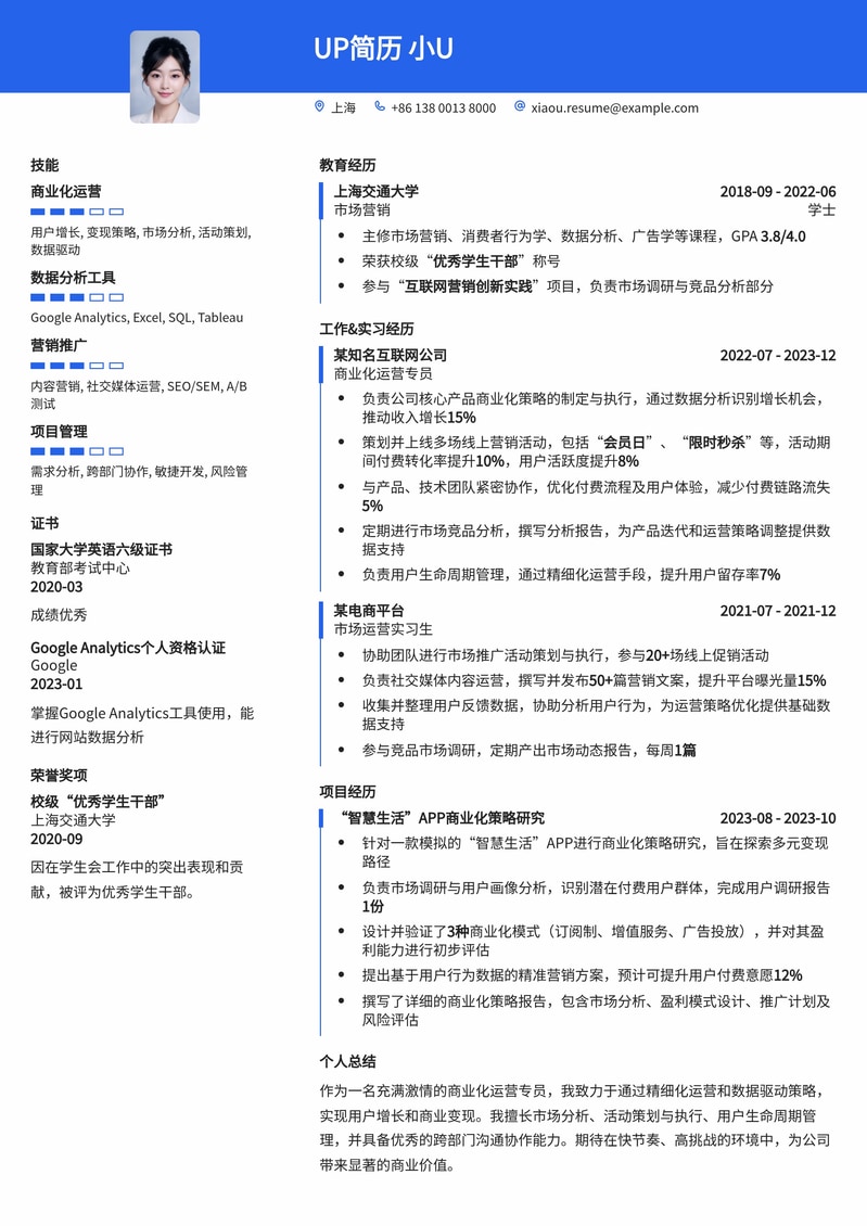 商业化运营专员精品简历模板:助你脱颖而出,实现商业价值简历模板预览