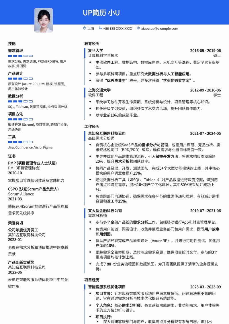 专业需求分析师简历模板：精准呈现核心能力与项目经验