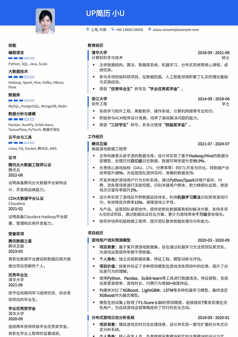 游戏数据工程师专属：洞察数据，驱动游戏增长的专业简历模板简历模板预览
