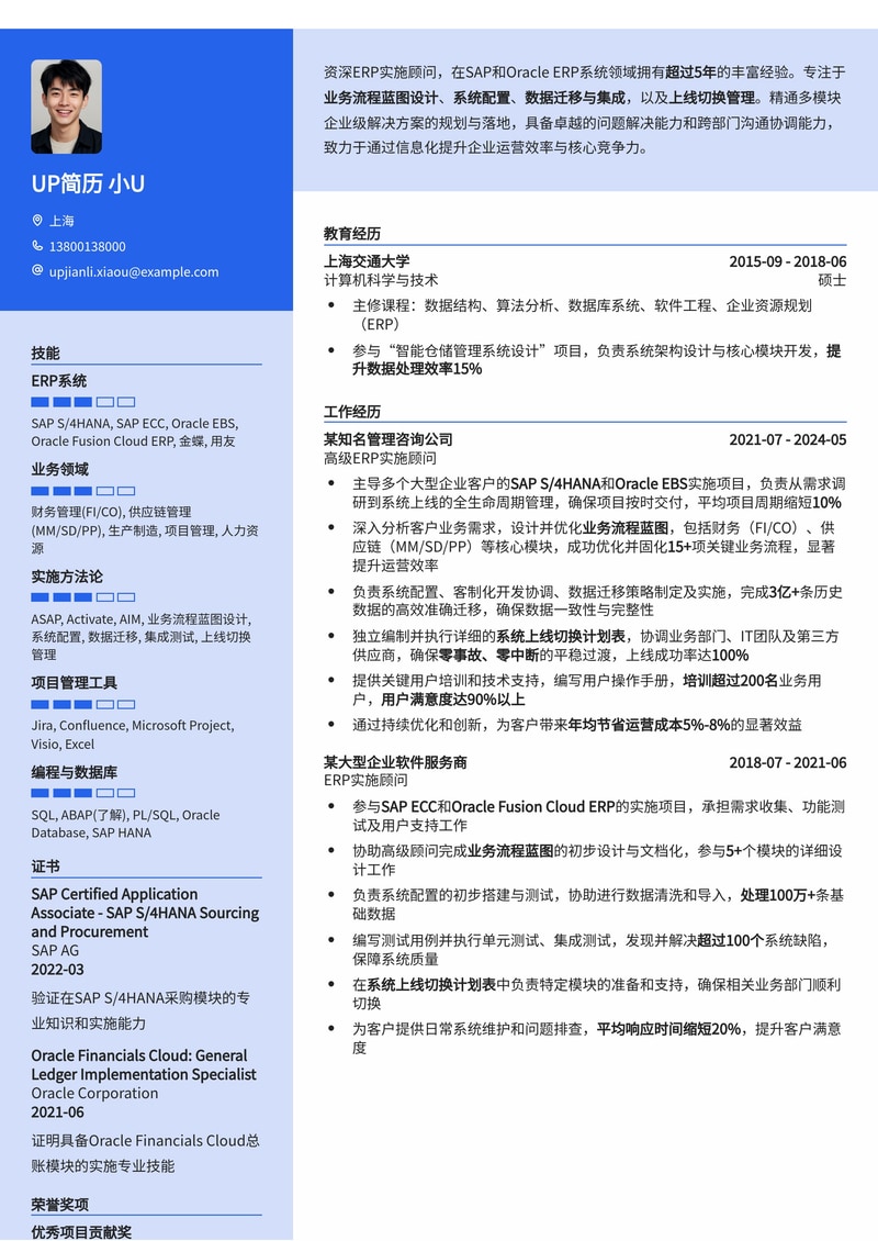 ERP实施顾问简历模板：SAP/Oracle业务流程蓝图与系统上线切换计划专家简历模板预览