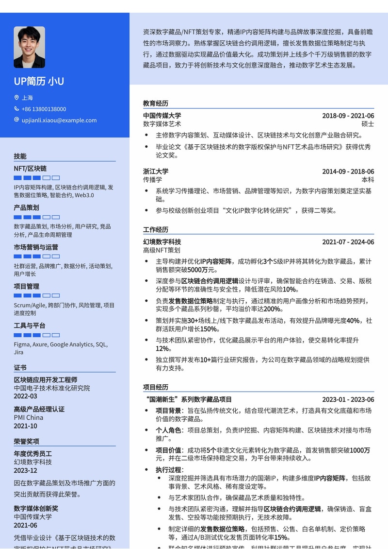 数字藏品/NFT策划简历模板:IP内容矩阵、区块链逻辑与发售数据位突出简历模板预览