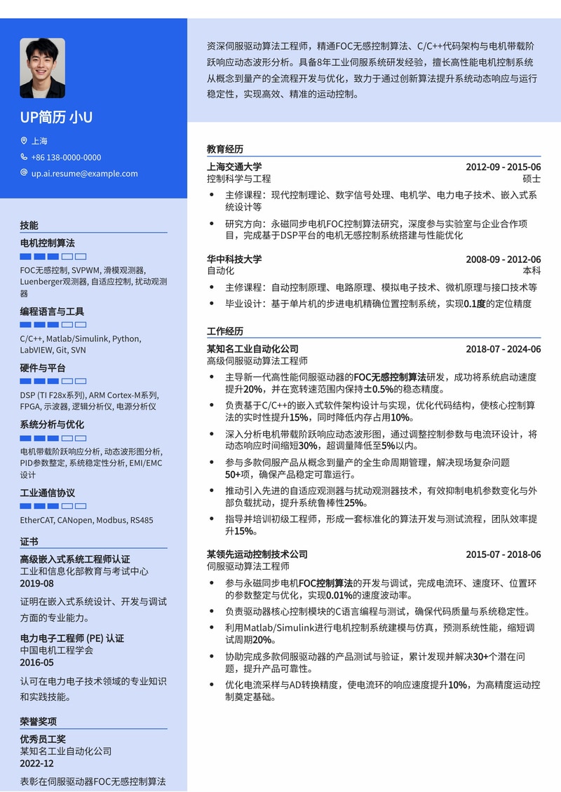 伺服驱动算法工程师(Servo Drive Eng.)简历模板：FOC无感控制算法C/C++代码架构与电机动态波形图详解简历模板预览