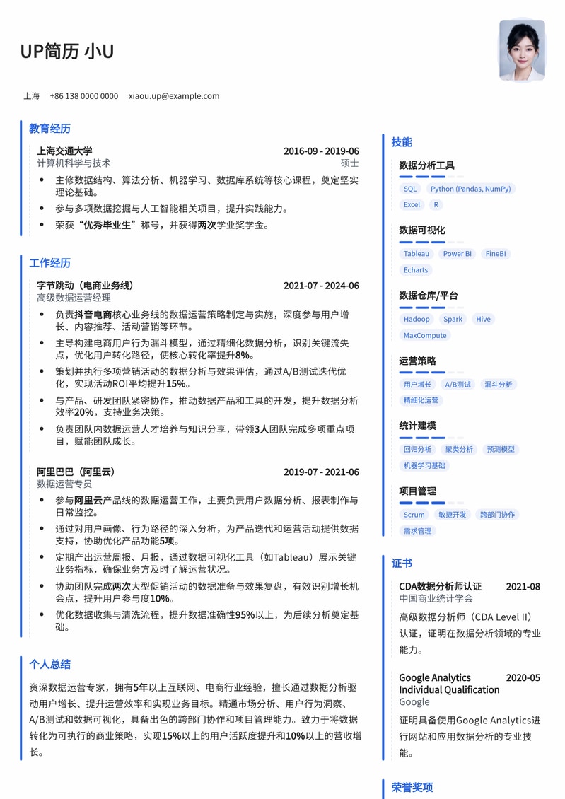 精选数据运营简历模板：助您洞察数据，驱动增长简历模板预览