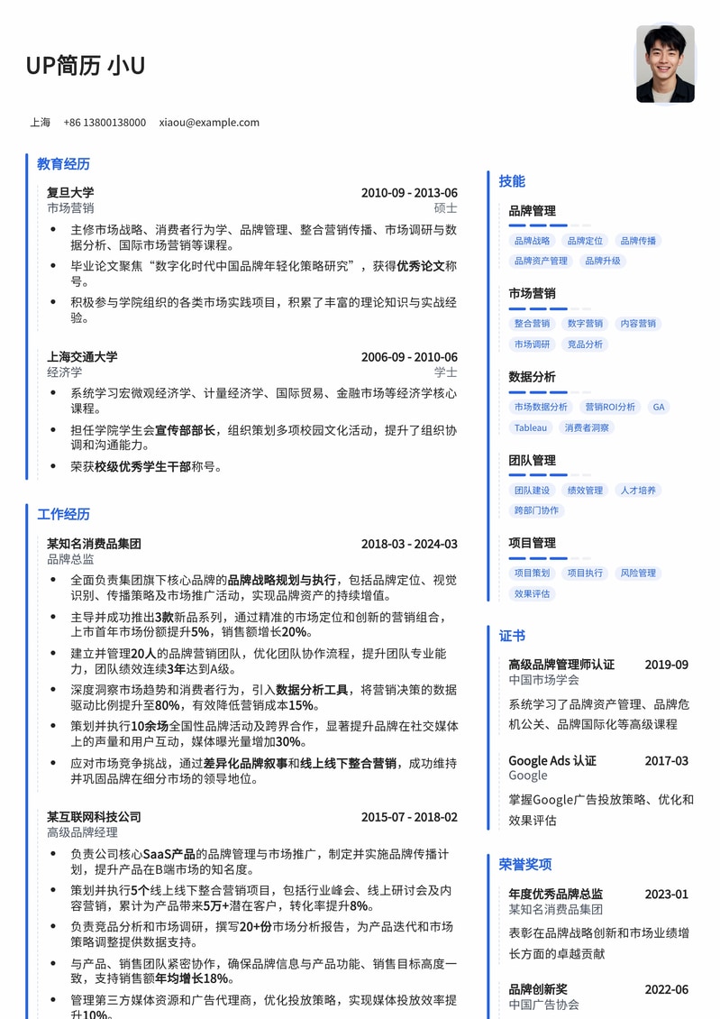 【品牌总监】高管精英简历模板：助您洞察市场，引领品牌增长简历模板预览