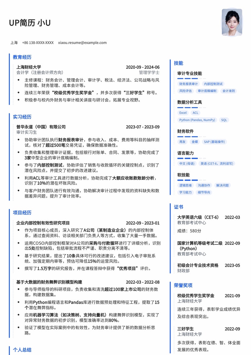 双一流高校热门岗：审计专业高分简历模板简历模板预览