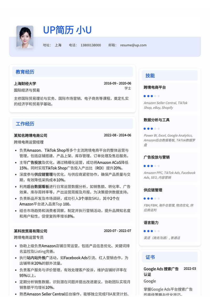跨境电商运营简历模板（Amazon/TikTok多平台数据看板风）简历模板预览
