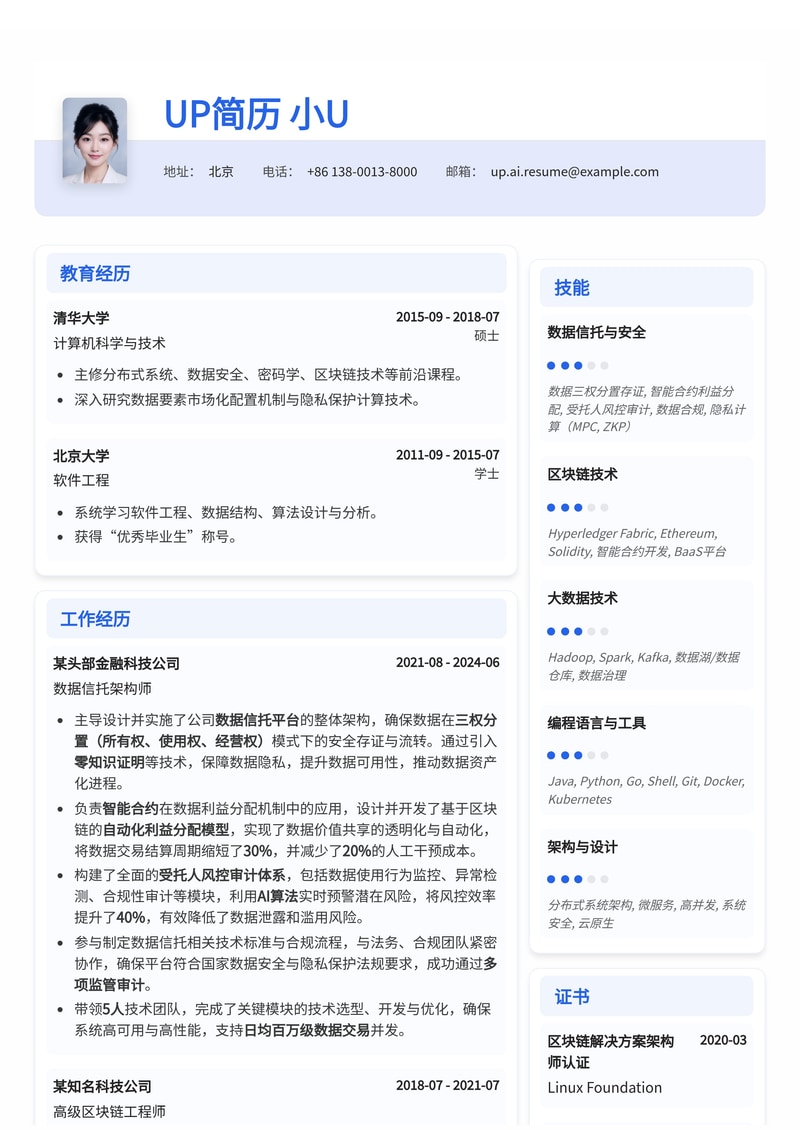 数据信托架构师简历模板：内置数据三权分置存证、智能合约利益分配、受托人风控审计简历模板预览