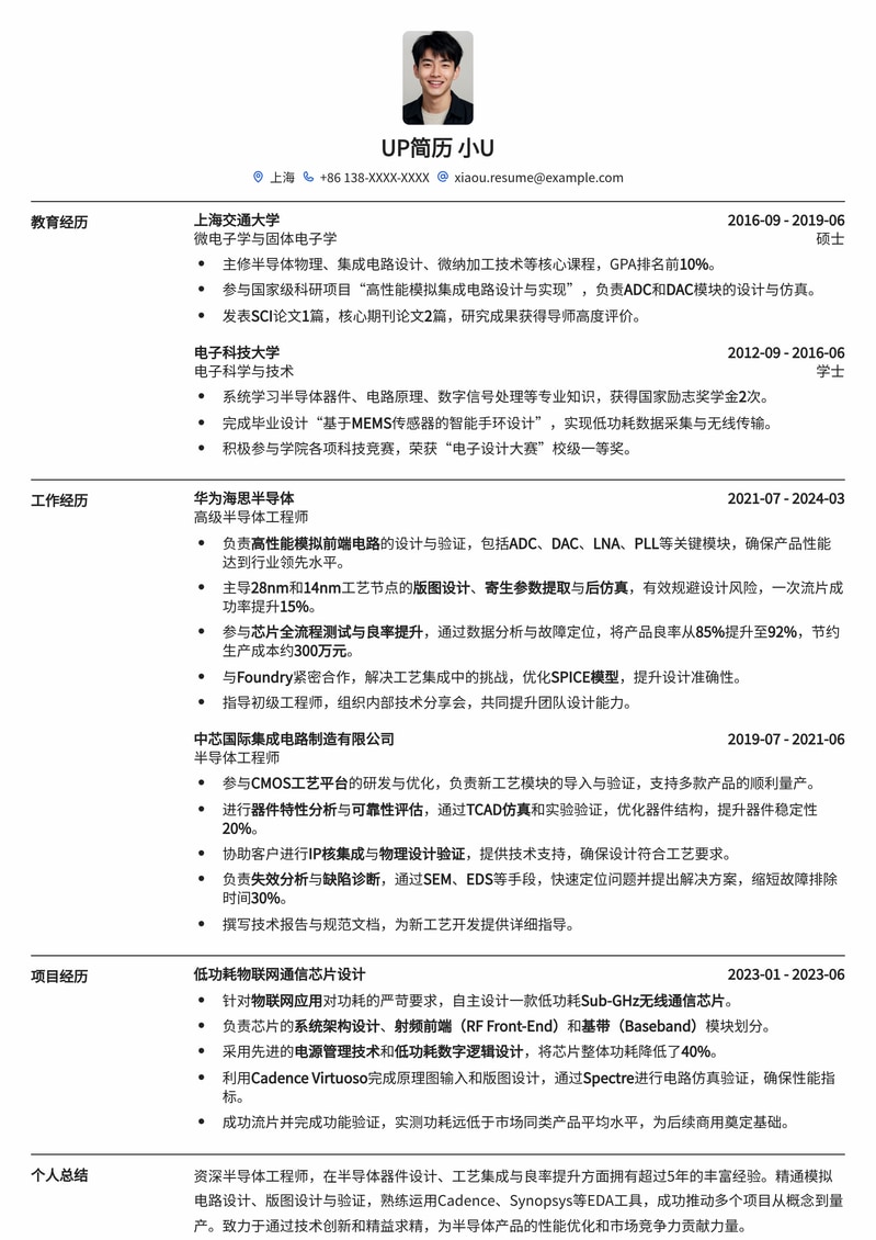 【高薪优选】半导体工程师专业简历模板：助您驰骋“芯”赛道简历模板预览