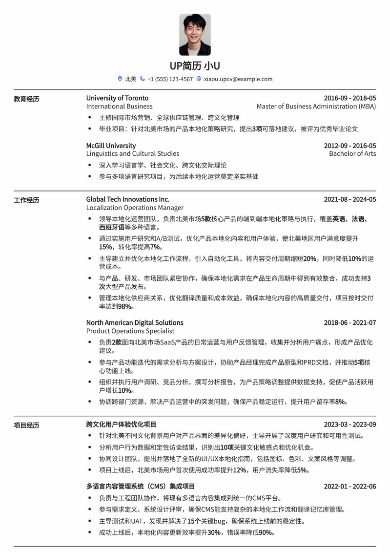 北美本地化运营经理高端求职简历模板：助力全球化职场发展简历模板预览