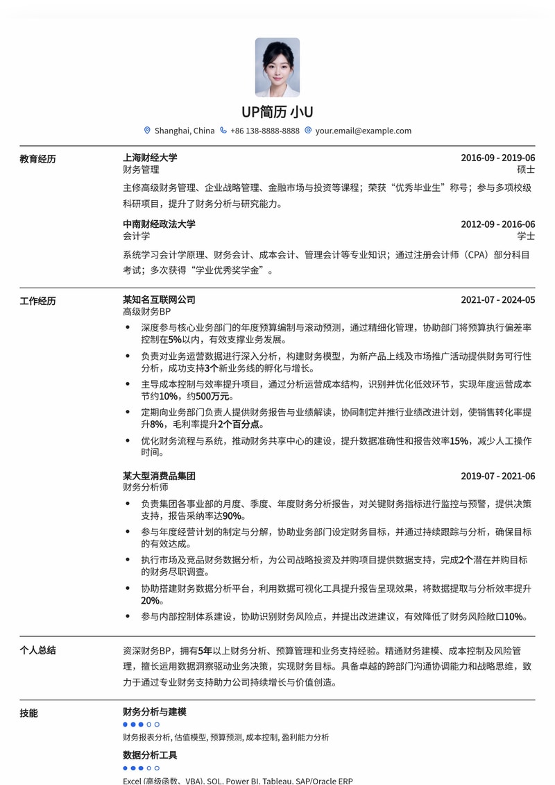 财务BP精英：驱动业务增长的专业财务BP简历模板简历模板预览