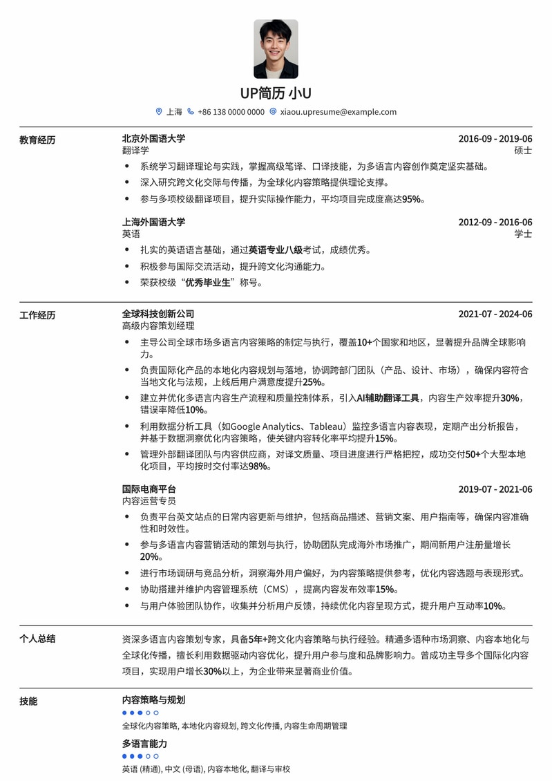 多语言内容策划专家简历模板：全球化沟通与文化洞察力简历模板预览