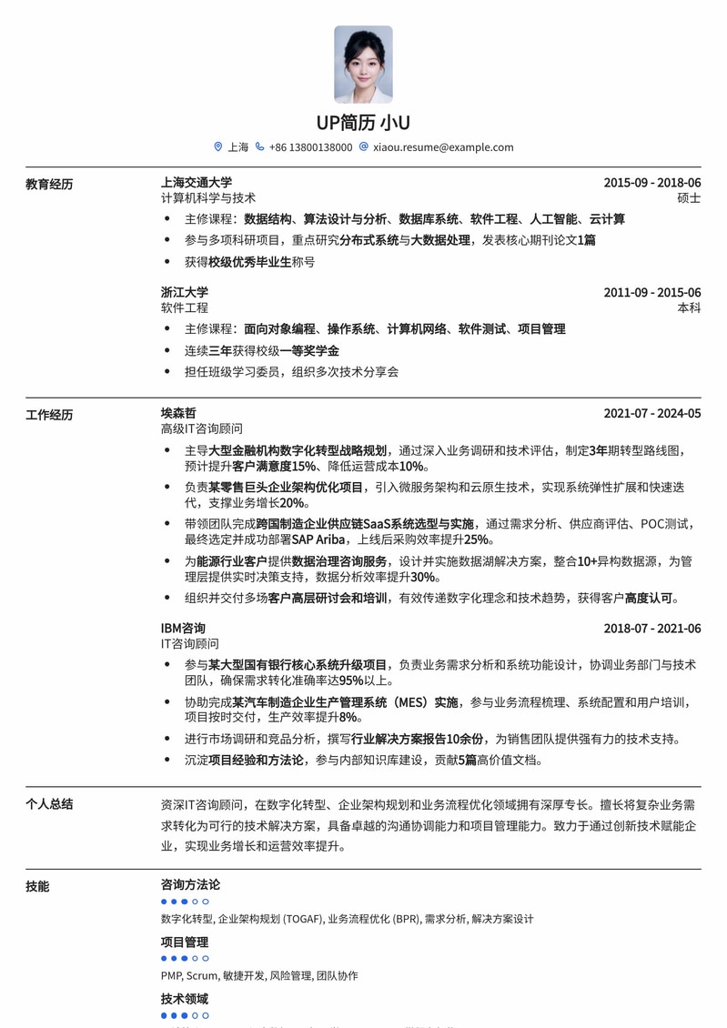IT咨询顾问专业简历模板：助您洞察业务，引领数字化转型简历模板预览