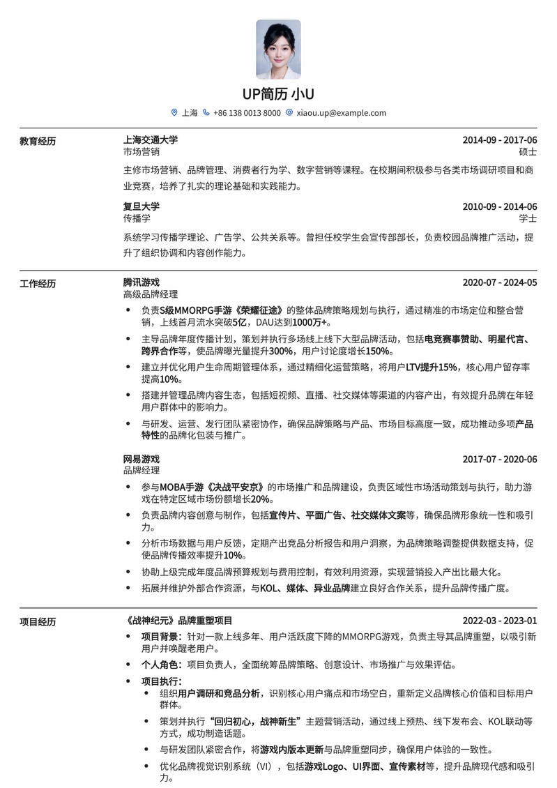 游戏品牌经理高薪求职简历模板：助你脱颖而出，斩获理想Offer简历模板预览