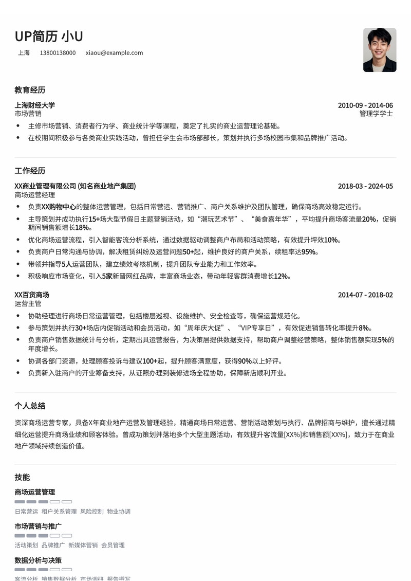 商场运营简历模板：商场日常活动运营简历模板预览