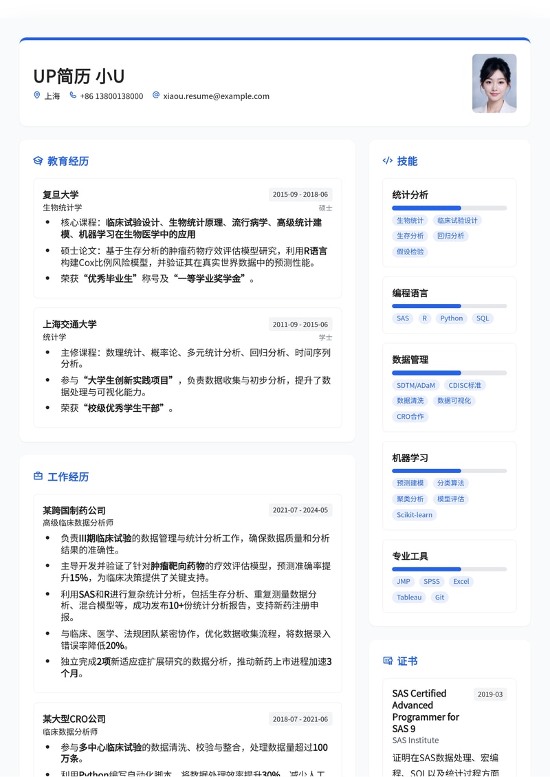 医疗行业临床数据分析师专业简历模板简历模板预览