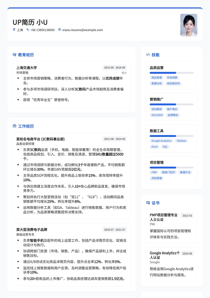 3C数码品类运营经理专业简历模板：助您高效管理，业绩飙升简历模板预览
