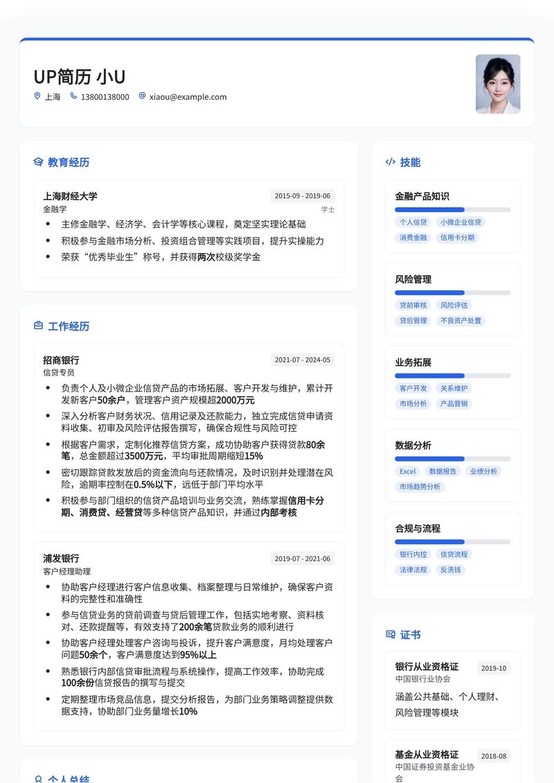 专业信贷专员简历模板:助您在金融行业脱颖而出简历模板预览