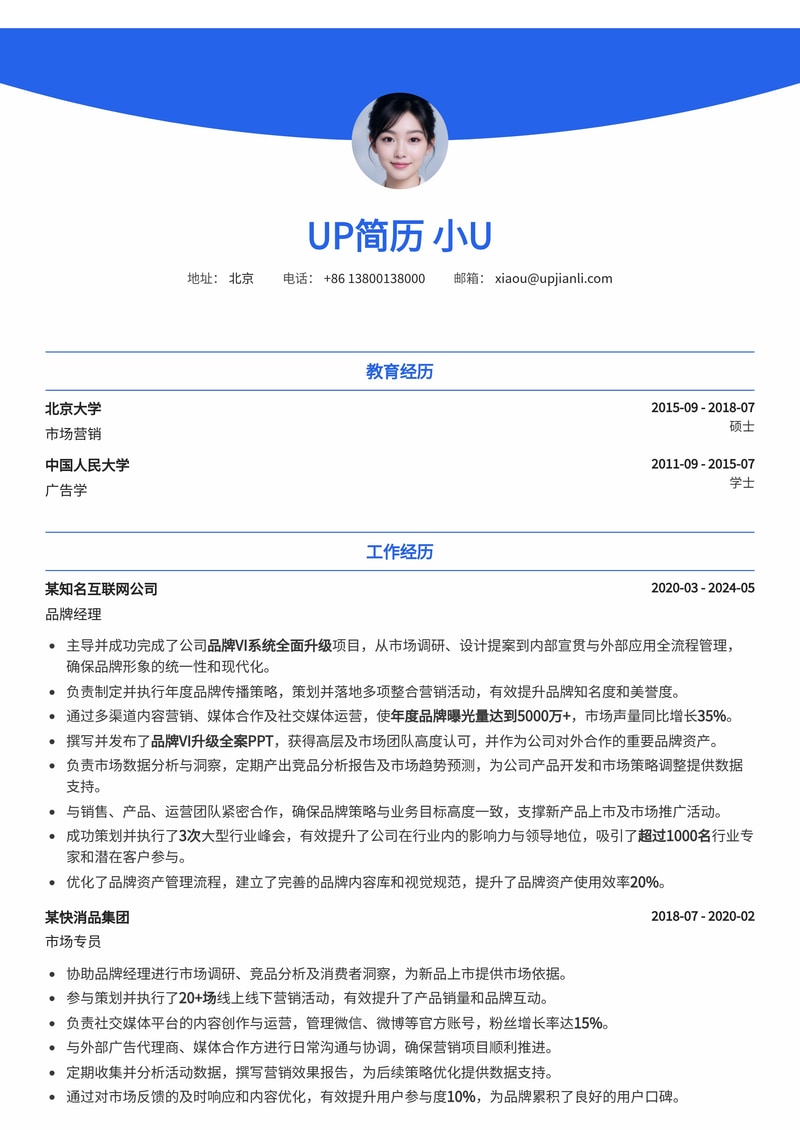 品牌经理专属：VI升级与年度品牌数据亮点简历模板简历模板预览