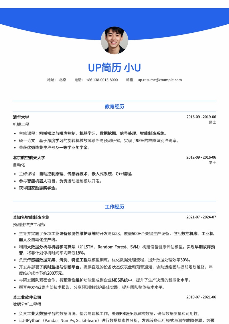 智能预测,高效运维:预测性维护工程师专业简历模板简历模板预览