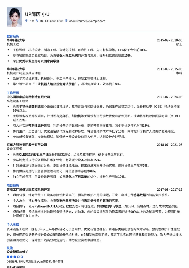 985热门-设备工程师校招简历模板：制造业/科技业优选简历模板预览