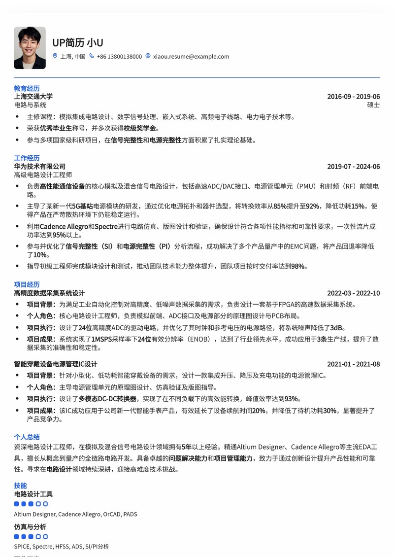 高效电路设计工程师简历模板：精准匹配研发岗位，直击HR痛点简历模板预览