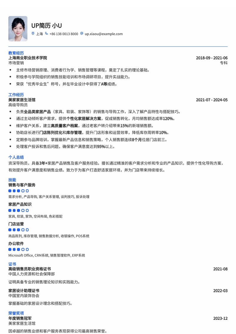 导购员简历模板:适合家居店