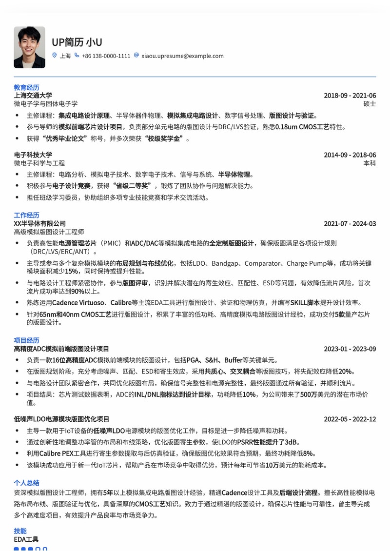 模拟版图设计工程师：高效专业简历模板，助您斩获理想Offer简历模板预览