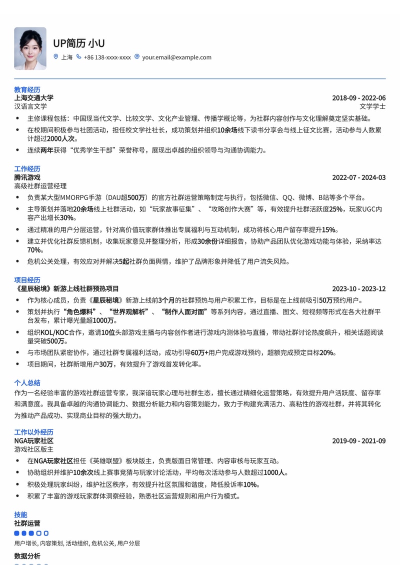 社群运营简历模板：游戏社群运营通用简历模板预览