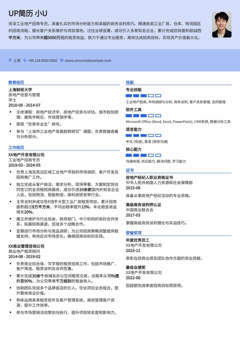 高效工业地产招商专员简历模板：精准匹配房产与招商需求简历模板预览