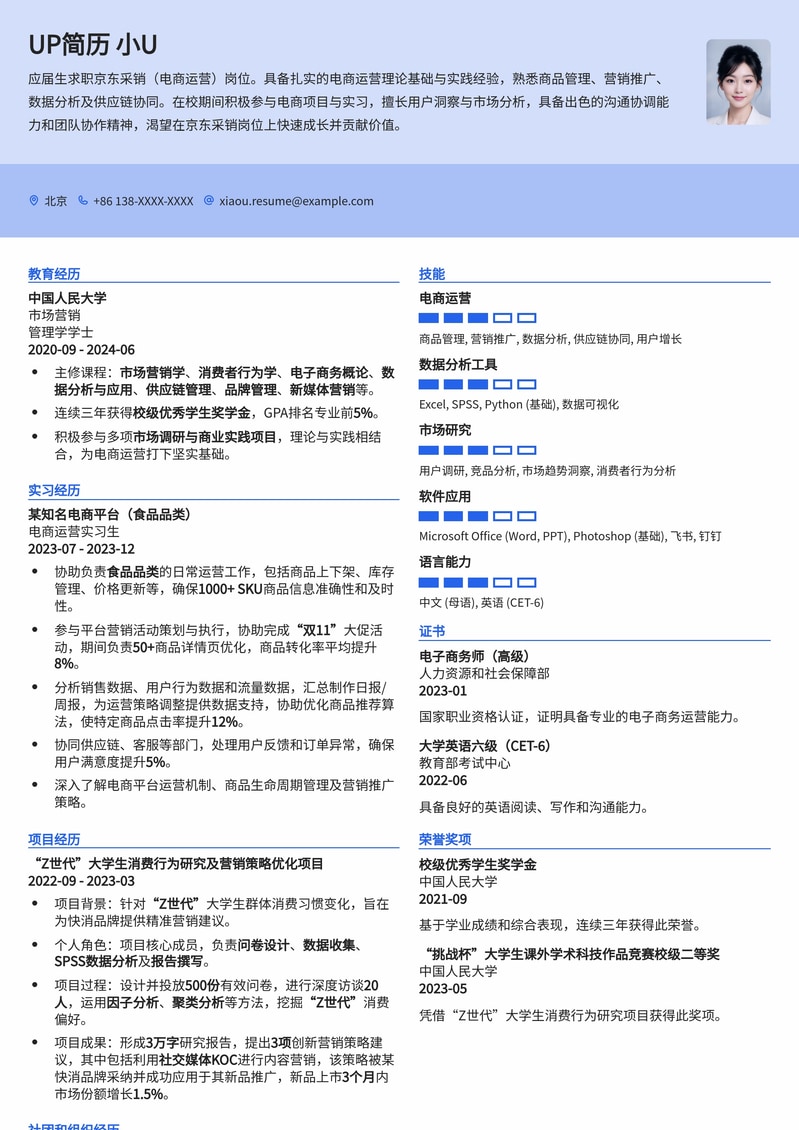 京东采销(电商运营)应届生简历模板:直击名企,高效通过!简历模板预览