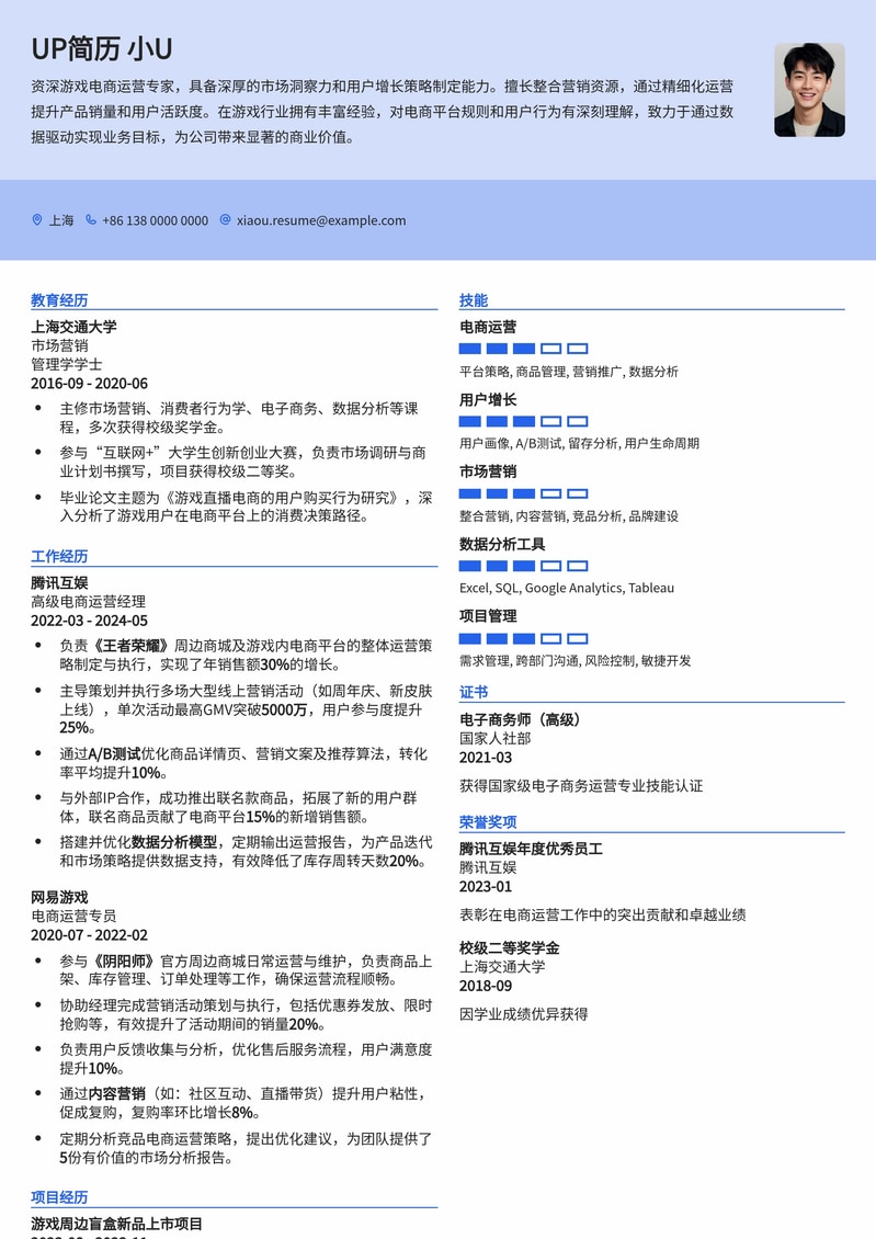 游戏电商运营精英简历模板：助你驰骋游戏与电商双领域简历模板预览