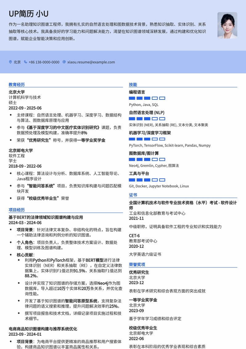 知识图谱工程师助理岗简历模板：助力AI领域求职者，快速打造专业形象简历模板预览