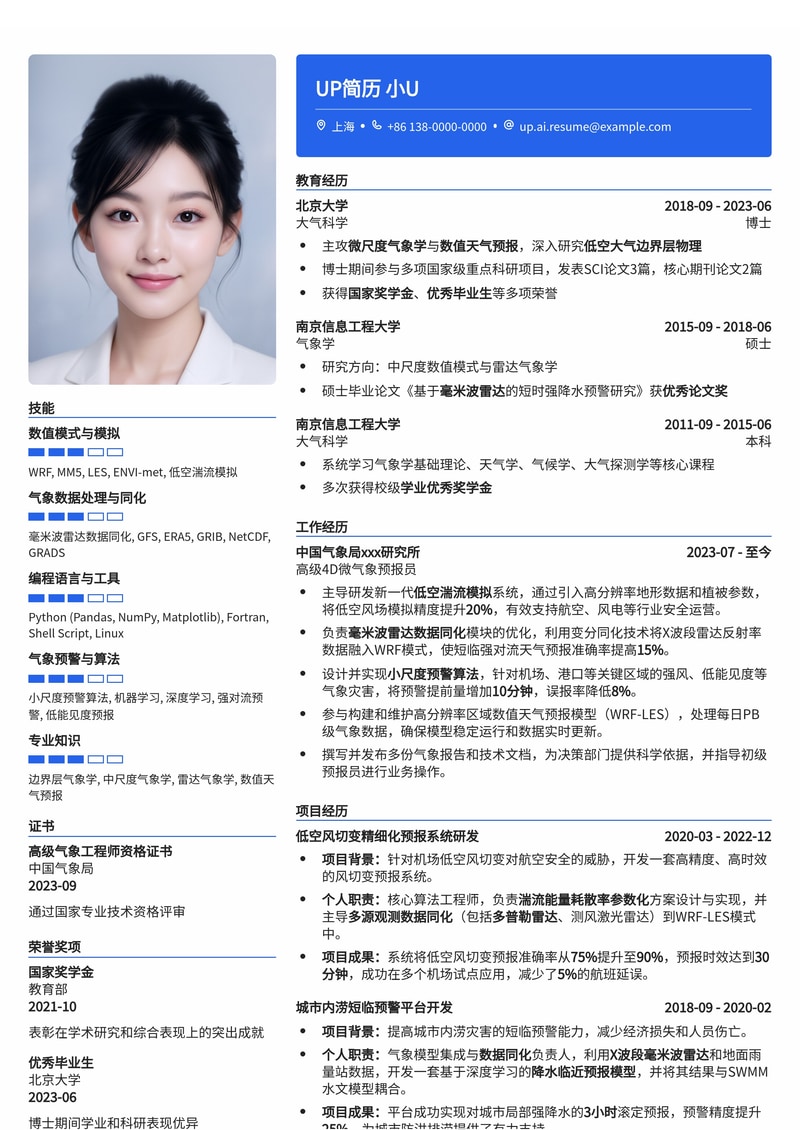 4D 微气象预报员简历模板：内置低空湍流模拟、毫米波雷达数据同化、小尺度预警算法简历模板预览