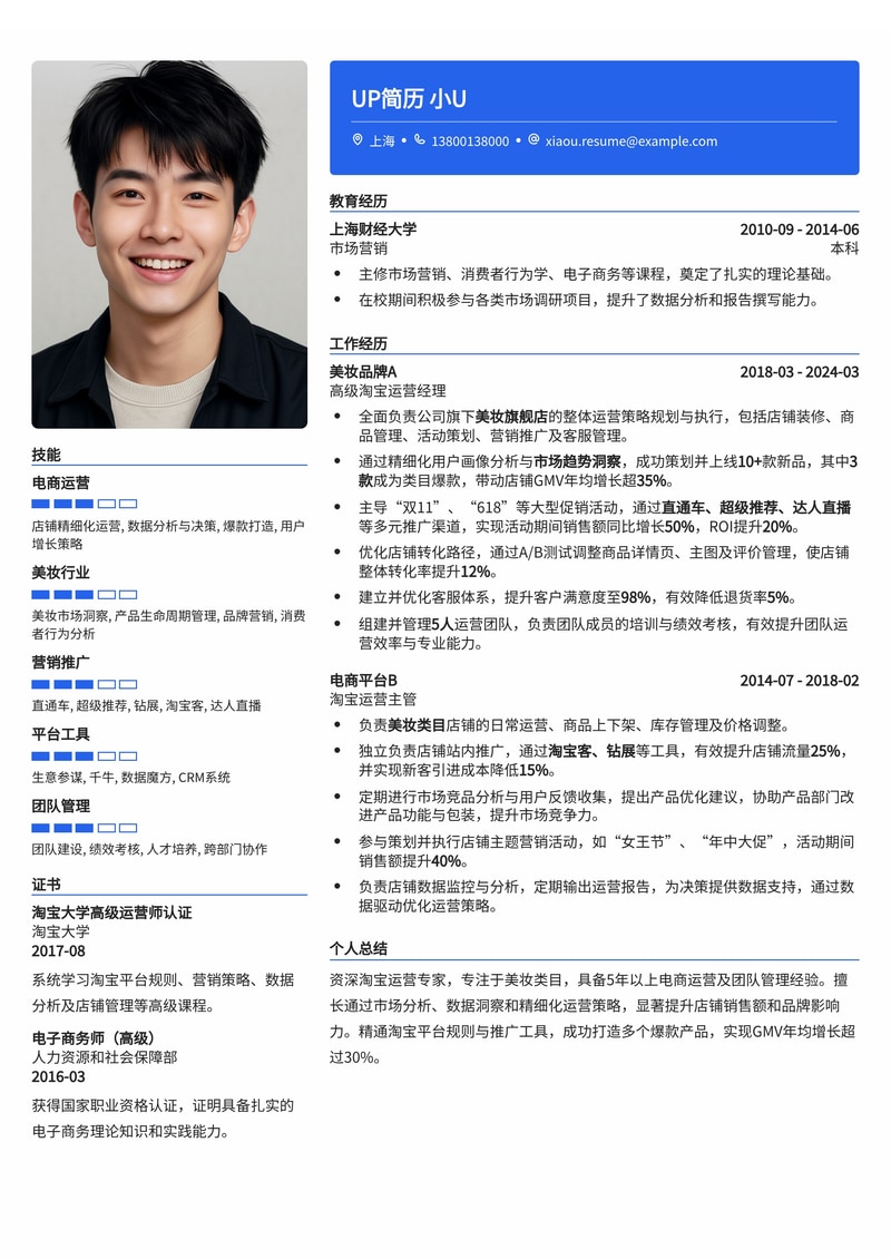 淘宝运营简历模板：熟悉美妆店铺运营简历模板预览