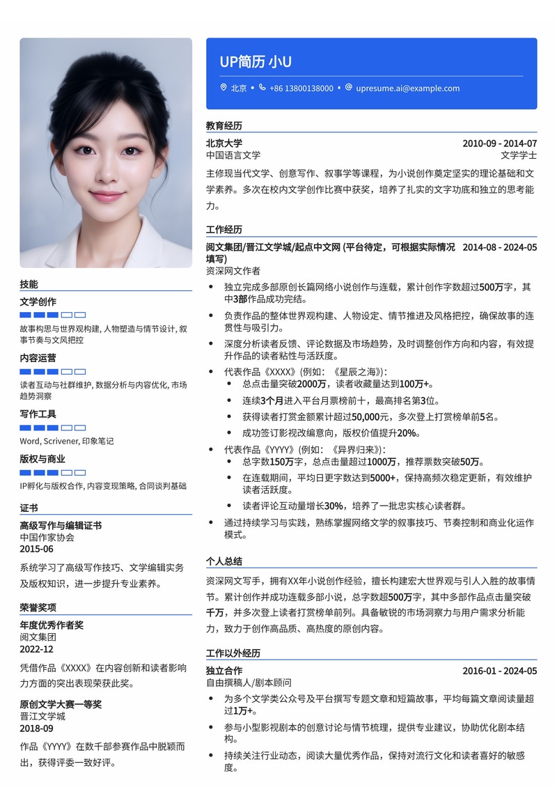 网文写手/小说作者高阶简历模板:数据化呈现连载成就与读者影响力简历模板预览