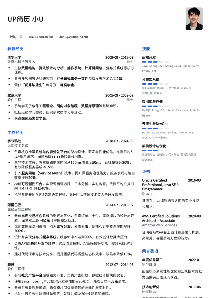 后端技术专家：高性能、高并发项目经验突出简历模板简历模板预览