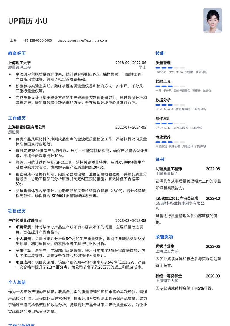 专业质检员简历模板：提升品控效率，展现严谨专业素养简历模板预览