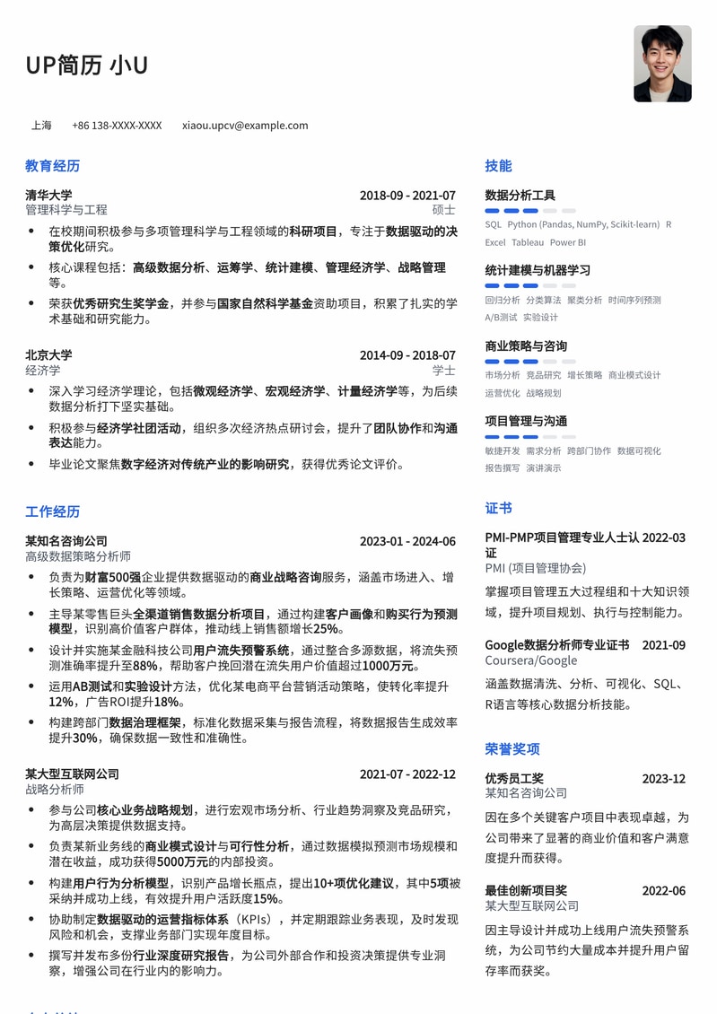 咨询/战略背景转型数据策略分析师简历模板：深度洞察，数据驱动决策简历模板预览