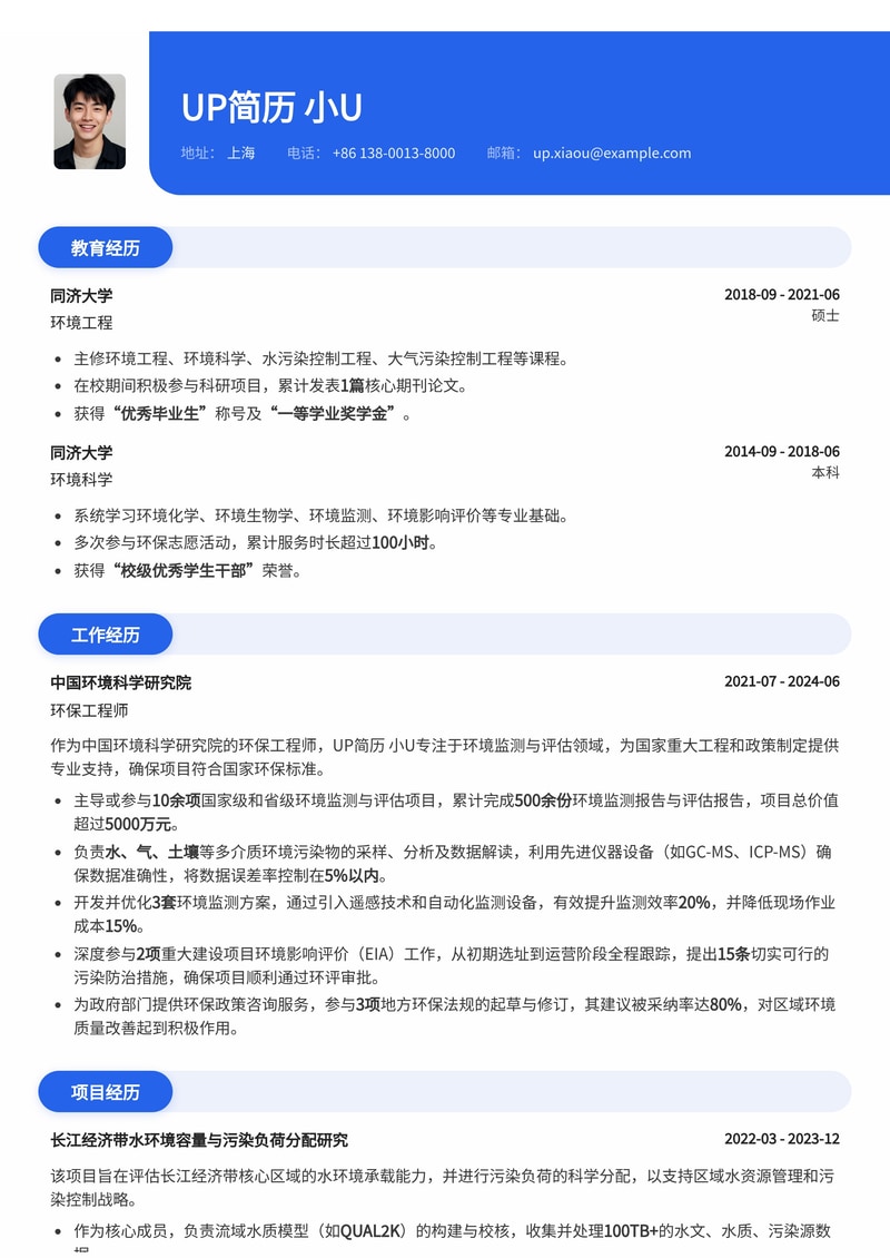 环保工程师简历模板：环境监测评估