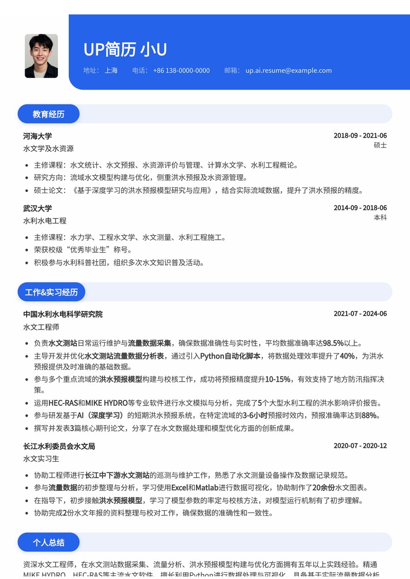 水文工程师专业简历模板：数据分析与洪水预报模型实战案例简历模板预览