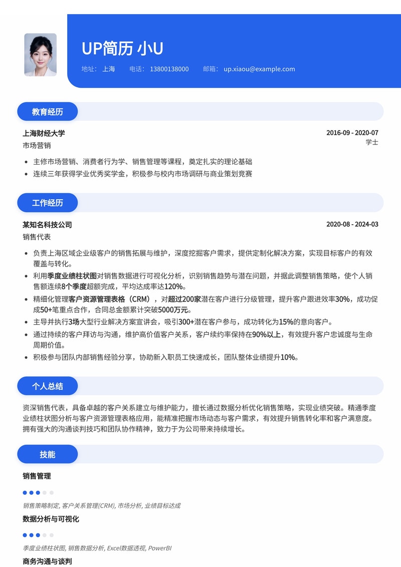 销售代表精英简历模板：季度业绩图表与客户管理利器简历模板预览