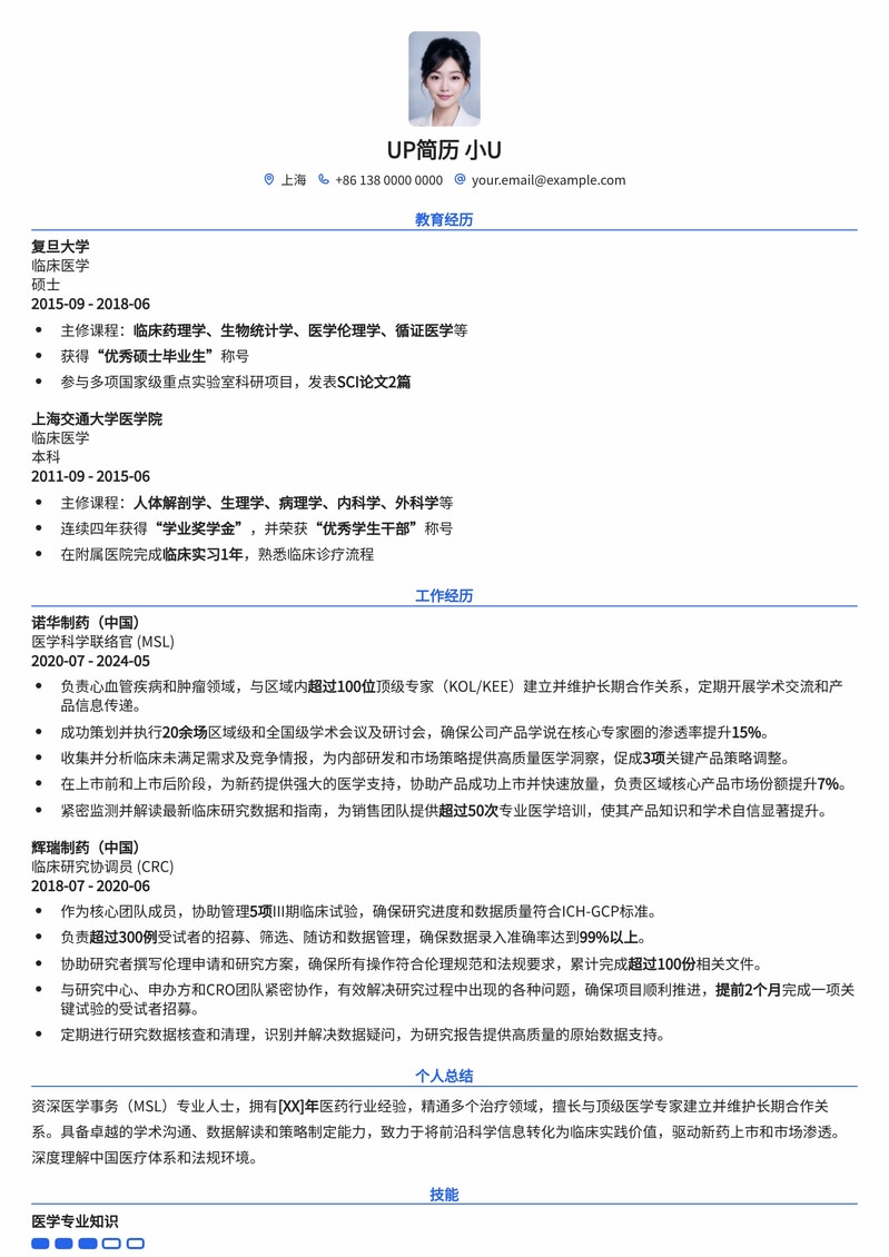 医学事务（MSL）高端简历模板：连接学术与商业的桥梁简历模板预览