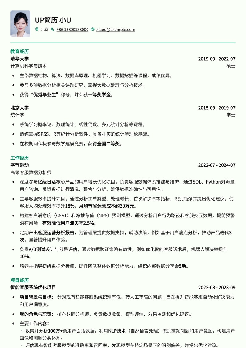 客服数据分析师专属简历模板：数据驱动，洞察客户，提升服务简历模板预览