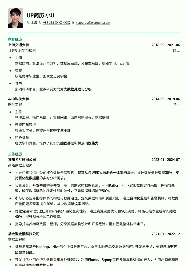 数据工程师精英简历模板：精通数据架构与管道建设简历模板预览