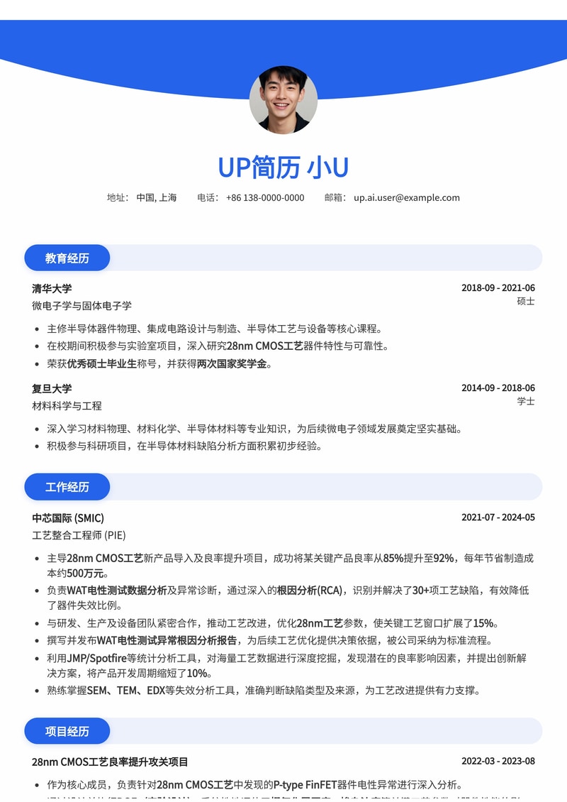 晶圆厂工艺整合工程师(PIE)简历模板：28nm CMOS工艺制程良率提升与WAT电性异常分析简历模板预览