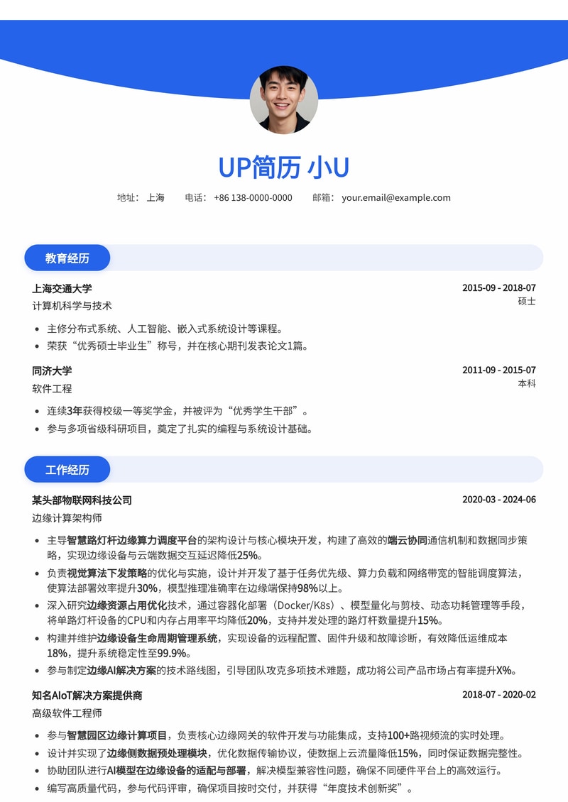 智慧路灯杆边缘算力调度专家简历模板：端云协同，优化算法下发与资源利用简历模板预览